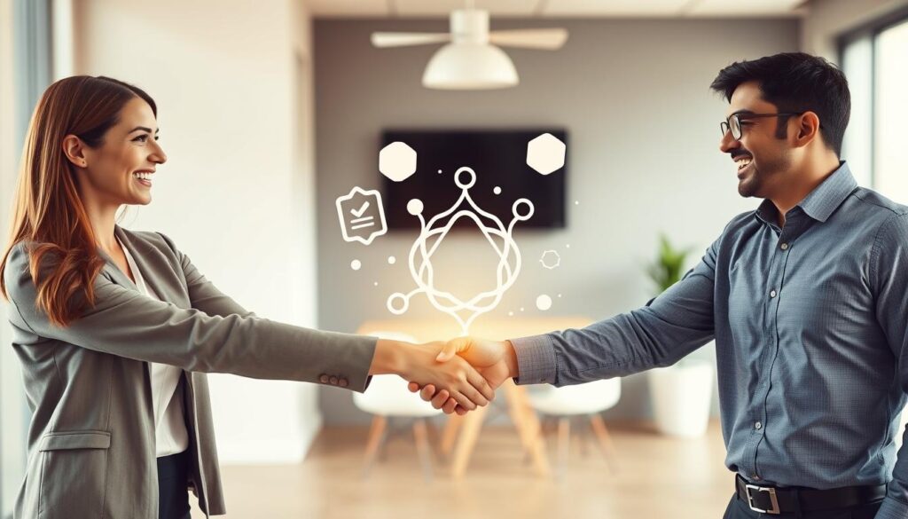 A vibrant, dynamic scene depicting the synergistic relationship between management and marketing. In the foreground, two professionals, one representing management and the other marketing, shake hands in a gesture of collaboration, their faces beaming with a shared sense of purpose. In the middle ground, abstract shapes and symbols intertwine, symbolizing the seamless integration of their respective disciplines. The background features a modern, minimalist office setting, with clean lines and muted colors that convey a sense of professionalism and efficiency. Soft, warm lighting bathes the scene, creating a welcoming and productive atmosphere. The overall composition suggests the power of aligning management and marketing strategies to drive success in the dental industry.
