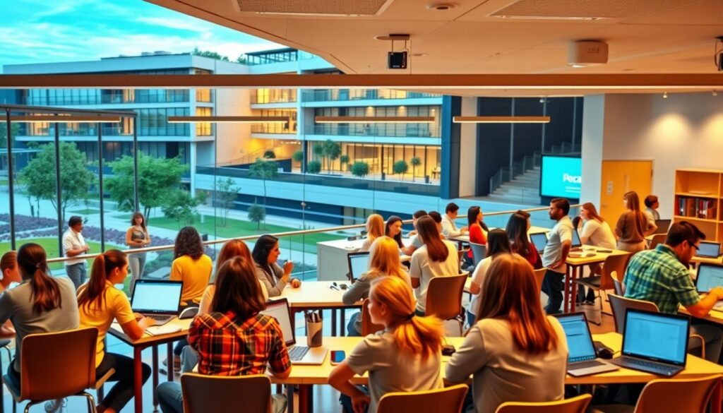 A vibrant educational setting, showcasing the diverse "modalidade de ensino" options. The foreground features students of various ages and backgrounds engaged in interactive learning activities, using modern technological tools and collaborative workspaces. The middle ground presents a well-equipped classroom with adjustable desks, whiteboards, and multimedia displays, reflecting the versatility of the learning environment. In the background, a panoramic view of a modern university campus with sleek architectural design, lush greenery, and a sense of intellectual dynamism. Warm, diffused lighting illuminates the scene, creating a welcoming and stimulating atmosphere conducive to effective learning.