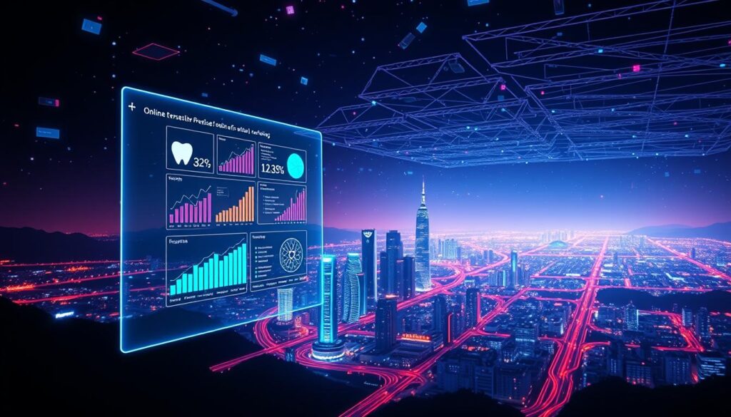 A vibrant, futuristic digital landscape showcasing the power of online visibility for dental practices. In the foreground, a sleek, holographic display projects an array of data analytics and website metrics, reflecting the insights gained through robust digital marketing. The middle ground features a stylized, neon-lit cityscape, representing the digital realm where dental practices can thrive and connect with their patients. In the background, a vast, interconnected network of digital pathways and virtual platforms underscores the vast potential of the online world for healthcare professionals. Dramatic, cinematic lighting and a sense of depth and dimension create an immersive, visually captivating scene that embodies the transformative impact of digital marketing in the dental industry.