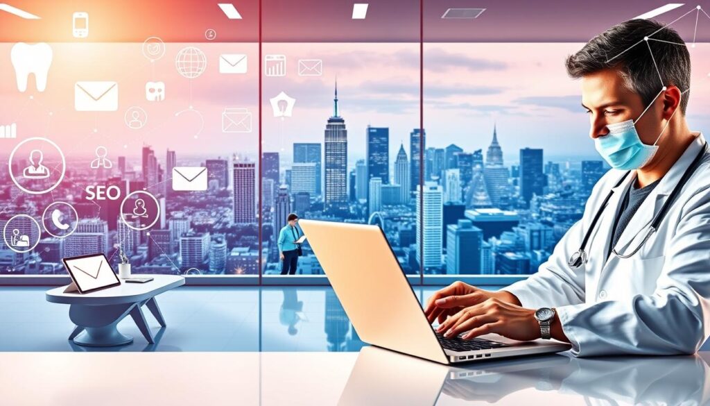 A vibrant, high-contrast digital landscape showcasing the benefits of online marketing for dentists. In the foreground, a dentist utilizing a modern laptop, surrounded by digital marketing icons like social media, SEO, and email campaigns. The middle ground features a stylized dental office with patients using their smartphones, emphasizing the importance of a strong digital presence. The background depicts a cityscape, symbolizing the expansive reach of digital marketing. Bright, warm lighting illuminates the scene, creating an energetic and professional atmosphere. The composition highlights the integration of traditional dental practices with innovative digital strategies.