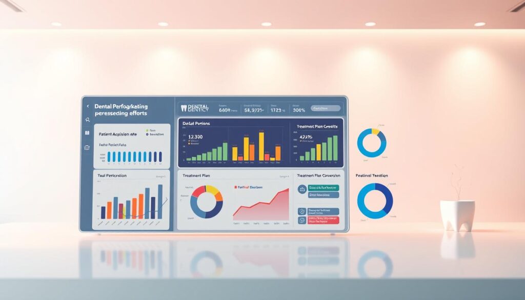 A vibrant infographic displaying performance metrics for a dental clinic's marketing efforts. In the foreground, a sleek dashboard showcases key performance indicators such as patient acquisition rate, patient retention, and treatment plan conversion. The middle ground features neatly organized charts, graphs, and data visualizations against a clean, minimalist backdrop. In the background, subtle geometric patterns and soft gradients create a professional, yet visually engaging atmosphere. Warm, directional lighting accentuates the clarity and precision of the data presentation, conveying a sense of data-driven decision making.