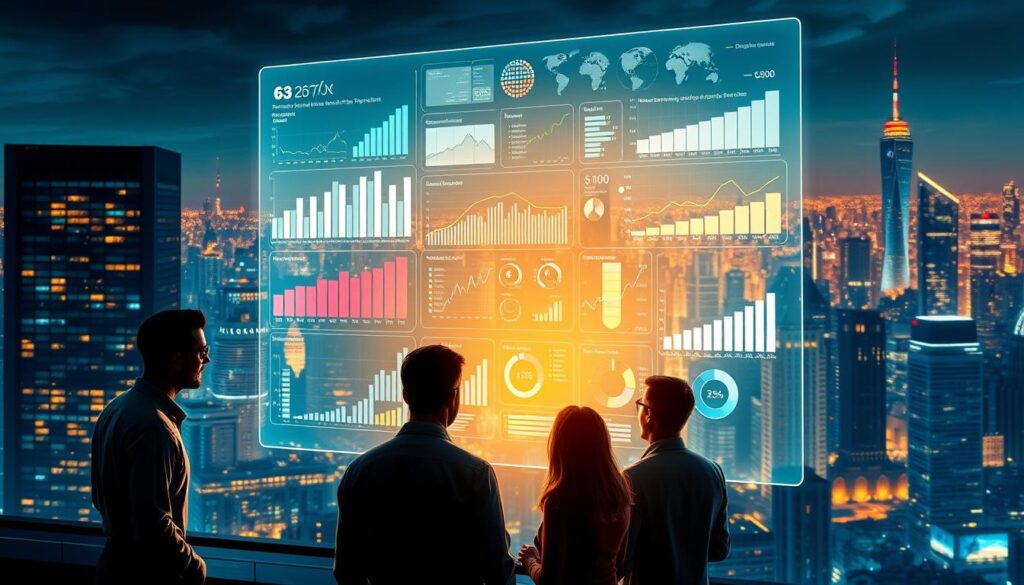A vibrant market analysis illustration featuring a bustling city skyline in the background. In the foreground, a team of business analysts intently studying market data and insights projected on a large holographic display. Chiaroscuro lighting creates depth and drama, with warm tones highlighting the collaborative efforts. The middle ground showcases a diverse range of graphs, charts, and visualizations, conveying the complexity and dynamism of the competitive environment. An atmosphere of strategic foresight and data-driven decision-making permeates the scene.
