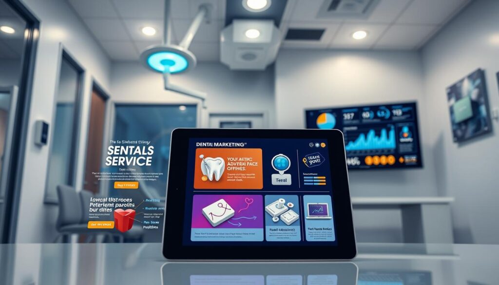 A vibrant, modern dental office interior with high-contrast lighting and clean, minimalist design. In the foreground, a tablet device displays a suite of digital advertising campaigns, showcasing eye-catching dental service offerings and promotions. The middle ground features stylized icons and graphics representing various paid marketing channels like search engine advertising, social media ads, and email marketing. In the background, a wall-mounted monitor displays performance metrics and analytics, providing insights into the effectiveness of the paid campaigns. The overall scene conveys a sophisticated, data-driven approach to dental marketing, designed to attract and engage potential patients.