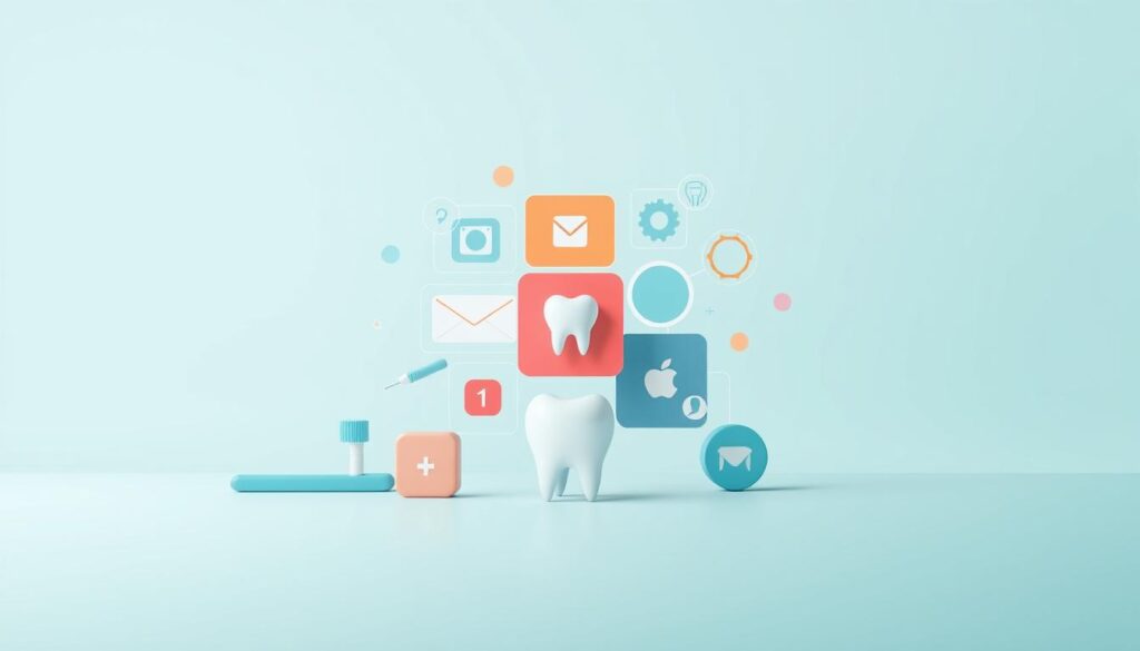 A vibrant, modern digital marketing campaign for dentists, featuring a clean, minimalist design with muted colors and geometric shapes. In the foreground, a group of stylized dental icons, including a toothbrush, dental floss, and a tooth, arranged in an eye-catching pattern. In the middle ground, a dynamic composition of overlapping rectangles and circles, representing various digital marketing strategies like social media, email campaigns, and website optimization. The background is a simple gradient, creating a sense of depth and emphasizing the core concepts. The lighting is soft and even, with a subtle directional light source to add depth and dimension. The overall mood is professional, informative, and visually appealing, capturing the essence of effective digital marketing for dental practices.