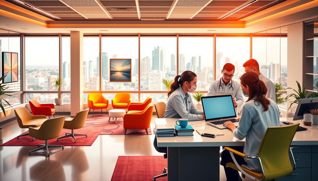 A vibrant office scene showcasing the benefits of efficient dental practice management. In the foreground, a team of dental professionals collaborate around a sleek, modern desk, utilizing digital tools and carefully organized files. The middle ground features a colorful, airy waiting room with comfortable chairs and calming artwork, conveying a sense of patient-centric care. In the background, a large window offers a glimpse of a bustling city skyline, emphasizing the professional, well-managed nature of the practice. Warm, natural lighting illuminates the scene, creating a welcoming and productive atmosphere. The overall composition highlights how effective management can enhance both staff productivity and patient experience.