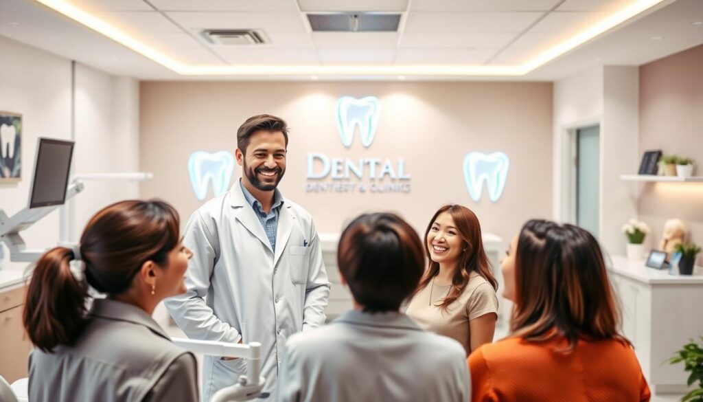 A vibrant, professional dental clinic with a warm, welcoming atmosphere. In the foreground, a group of patients are engaged in a friendly conversation with a smiling dentist in a pristine white coat. The middle ground showcases state-of-the-art dental equipment and a sleek, modern reception area. The background features a beautifully designed logo and branding elements that convey the clinic's commitment to excellence in dental care. Soft, natural lighting creates a calming, inviting ambiance throughout the scene. The overall composition exudes a sense of trust, professionalism, and the benefits of effective dental marketing.