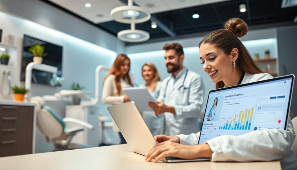 A vibrant, professional digital marketing scene unfolding in a modern dental clinic. In the foreground, a laptop displays analytics and social media campaigns, with a healthcare worker strategizing. In the middle ground, a team collaborates on a marketing plan, surrounded by dental equipment and decor. The background features clean, minimalist clinic interiors with calming lighting and soothing pastel tones. The overall atmosphere conveys a blend of cutting-edge digital marketing and high-quality, patient-centric dental care.