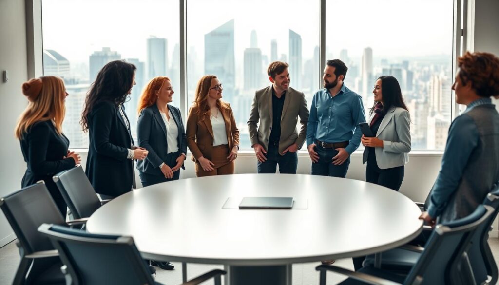 A vibrant team of professionals collaborating in a modern, airy office space. The foreground showcases a diverse group engaged in a lively discussion, their body language and facial expressions conveying a sense of dynamic leadership and cohesion. The middle ground features a sleek, minimalist conference table surrounded by ergonomic chairs, while the background depicts large windows overlooking a bustling city skyline, bathed in warm, natural lighting. The overall atmosphere exudes a spirit of innovation, productivity, and a shared commitment to collective growth and success.