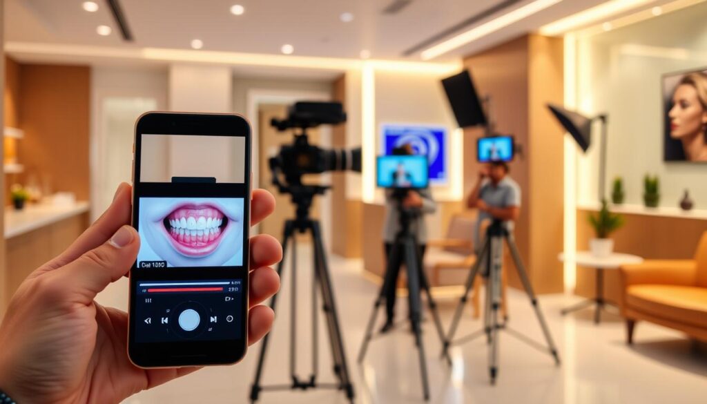 A vibrant video marketing scene for a modern dental clinic. In the foreground, a smartphone displays a video player interface with a dental treatment video playing. The middle ground features a professional-looking video production setup, including a camera, lighting equipment, and a clinic employee recording content. In the background, the clinic's sleek and minimalist interior design is visible, with warm lighting and elegant furnishings. The overall atmosphere conveys a sense of professionalism, technological savvy, and a commitment to providing high-quality patient experiences through digital marketing.
