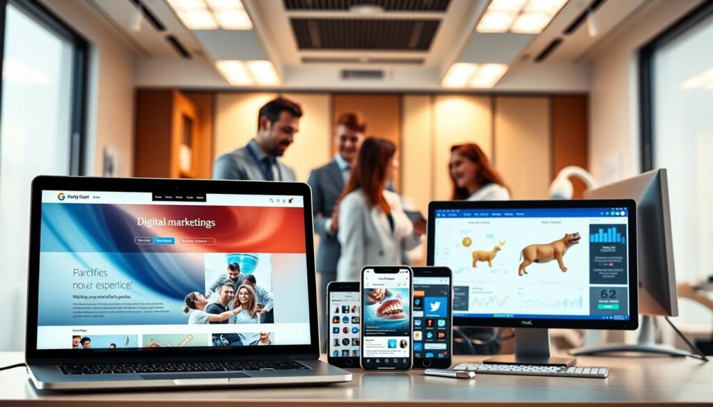 A vibrant, visually engaging digital marketing scene for dental clinics. In the foreground, a laptop screen displays an elegant website with an intuitive user interface and captivating imagery. Surrounding it, a variety of digital devices - smartphones, tablets, and a desktop computer - showcasing social media platforms, online booking systems, and targeted advertising campaigns. In the middle ground, a team of dental professionals collaborating on a marketing strategy, utilizing analytics and data insights to optimize their online presence. The background features a sleek, modern clinic interior with state-of-the-art equipment, conveying a sense of professionalism and high-quality service. Warm, natural lighting illuminates the scene, creating a welcoming and trustworthy atmosphere.