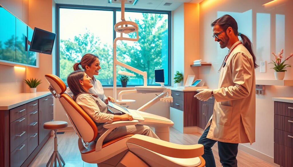 A vibrant, warm-toned scene depicting a modern, well-equipped dental clinic. In the foreground, a patient sits comfortably in an ergonomic chair, receiving attentive care from a friendly dentist and dental assistant. The patient's expression is one of ease and trust, reflecting the high-quality service and personalized attention. The mid-ground showcases the clinic's sleek, minimalist design with clean lines, soothing colors, and state-of-the-art medical equipment. In the background, a large window allows natural light to flood the space, creating a calming, spa-like ambiance. The overall atmosphere conveys a sense of professionalism, comfort, and a patient-centric approach to dental care.