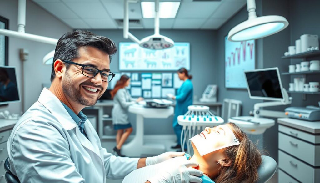 A vibrant, well-lit dental office interior, showcasing the benefits of effective dental practice management. In the foreground, a smiling patient receives professional treatment from a caring dentist, surrounded by modern, state-of-the-art equipment. The middle ground depicts a team of dental assistants and office staff collaborating efficiently, ensuring a smooth and organized workflow. In the background, a display of dental health charts and patient records highlights the value of comprehensive data management. The scene conveys a sense of patient-centric care, technological advancement, and operational excellence, embodying the advantages of a well-executed dental practice management system.