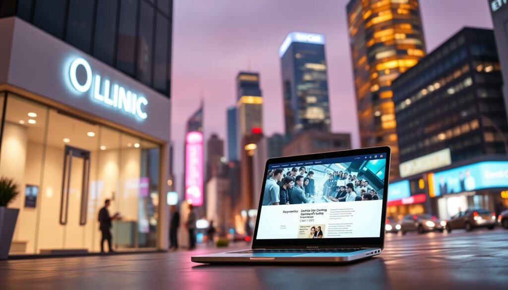A visually striking illustration of online visibility for dental clinics. A sleek, modern dental clinic facade dominates the foreground, with a glowing laptop screen showcasing a vibrant, responsive website in the midground. The background depicts a bustling cityscape, symbolizing the broad digital reach and accessibility of the clinic's online presence. Warm, diffused lighting creates a welcoming, professional atmosphere. Captured through a wide-angle lens to emphasize the clinic's prominence and digital integration within the urban landscape.