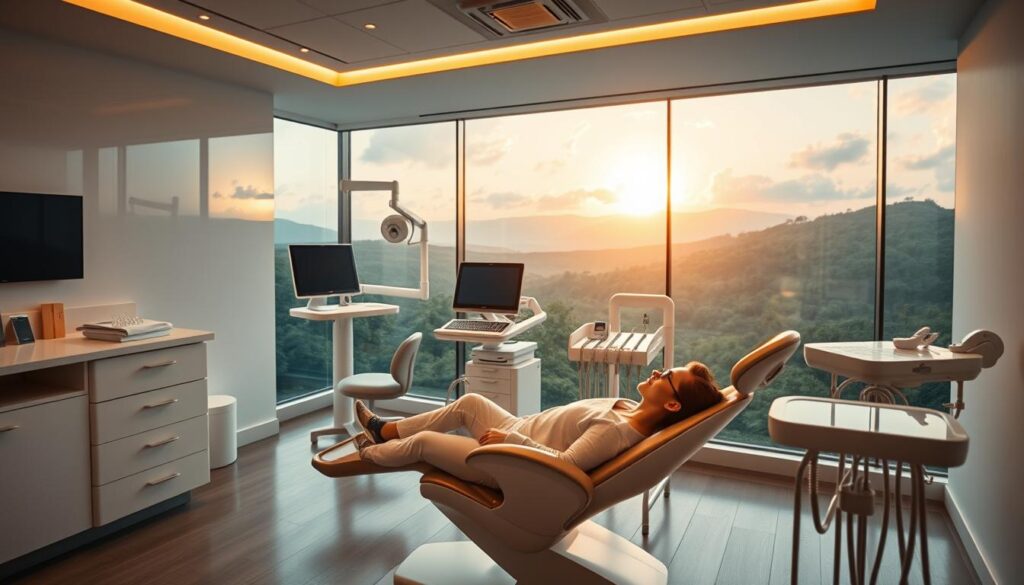 A visually striking image of aesthetic dentistry, showcasing a serene and modern dental clinic. In the foreground, a patient reclining in a sleek, minimalist dental chair, their serene expression reflecting the tranquil atmosphere. Warm, soft lighting cascades over the scene, creating a calming ambiance. The middle ground features state-of-the-art dental equipment, subtly integrated into the clean, contemporary design. In the background, a panoramic window offers a breathtaking view of a lush, verdant landscape, blending nature and technology. The overall composition conveys a sense of relaxation, comfort, and the integration of aesthetics and functionality in the field of modern dentistry.