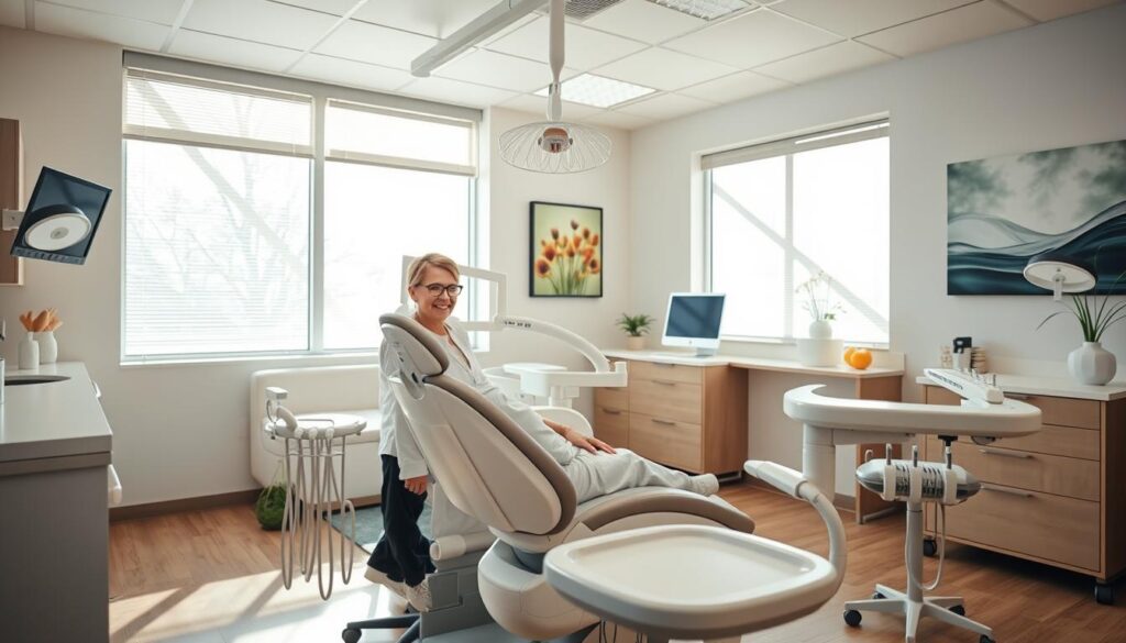 A warm and welcoming dental clinic interior, bathed in soft natural light streaming through large windows. In the foreground, a patient sits comfortably in a state-of-the-art dental chair, attended to by a friendly, attentive dentist and staff. The patient's expression conveys a sense of trust and ease. The middle ground showcases the clinic's modern, pristine equipment and decor, creating an atmosphere of professionalism and care. In the background, a soothing palette of calming colors and soothing artwork instills a feeling of tranquility, putting the patient at ease. The entire scene radiates an exceptional patient experience, highlighting the clinic's commitment to excellence in dental care.