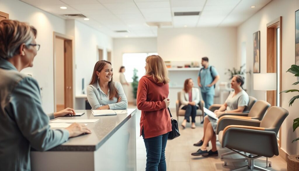 A warm, inviting clinic interior with patients engaged in friendly, natural conversations with staff. The foreground features a smiling patient and receptionist at the front desk, discussing treatment options and scheduling. In the middle ground, a group of patients wait comfortably, chatting with each other and a nurse. The background showcases a modern, well-lit space with clean lines, soothing colors, and ergonomic furniture that reflects a positive, patient-centric atmosphere. Soft, diffused lighting creates a calming ambiance, and the overall scene conveys a sense of open, genuine communication and personalized care.