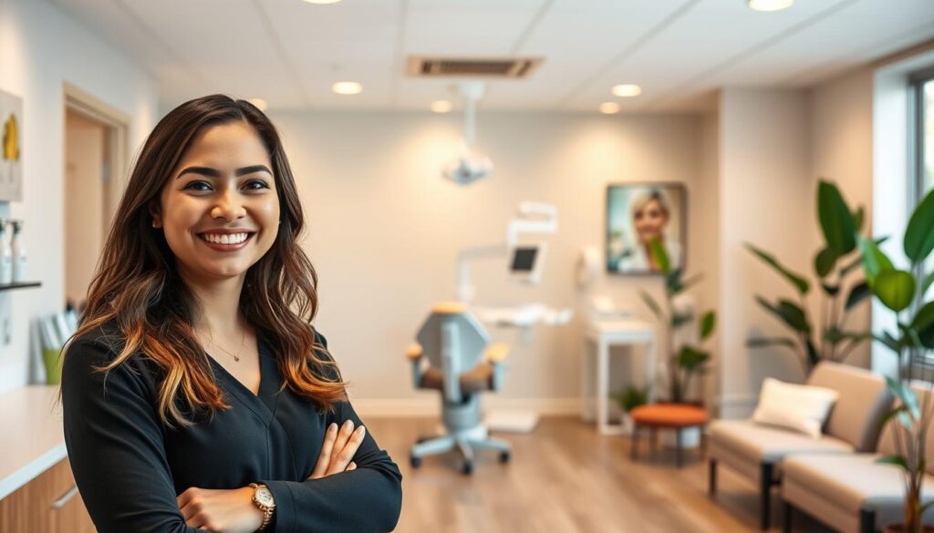 A warm, inviting dental clinic interior with a focus on patient comfort and care. The foreground features a friendly receptionist greeting patients with a warm smile, while the middle ground showcases a modern and clean examination room with state-of-the-art equipment. The background depicts a calming, nature-inspired waiting area with plush seating and soothing plant life. Soft, diffused lighting creates a relaxing atmosphere, and the composition emphasizes the clinic's dedication to delivering exceptional service and building lasting patient relationships.