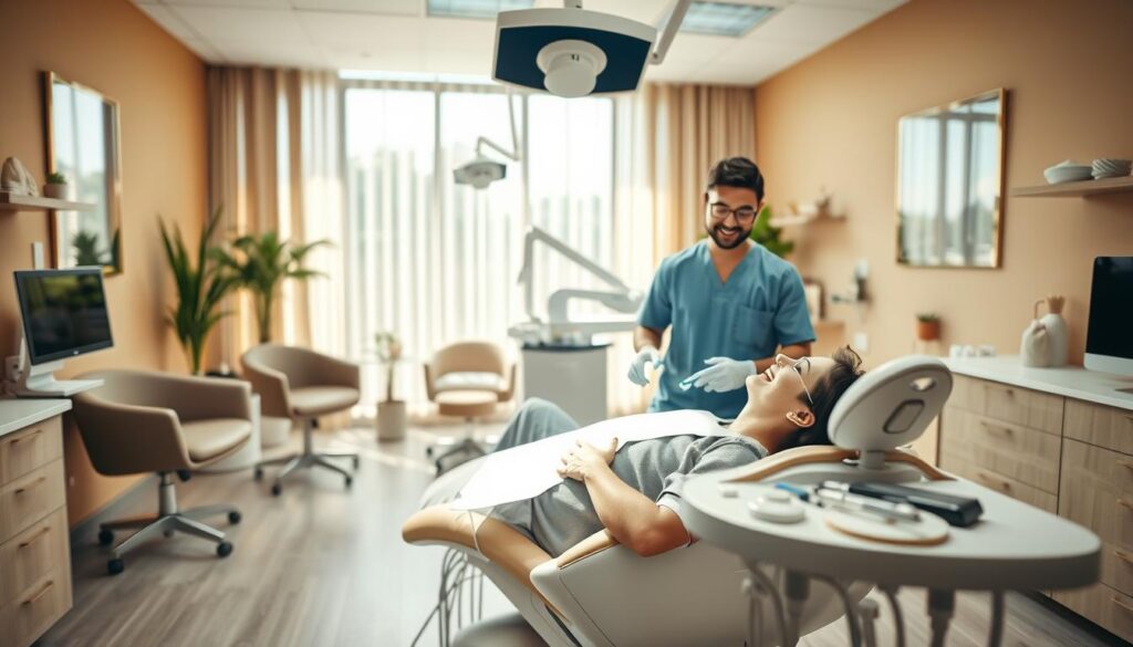 A warm, inviting dental clinic interior with a patient receiving a teeth cleaning procedure. The foreground shows the patient reclined in the dental chair, a friendly dentist and assistant providing attentive care. The middle ground features modern dental equipment, comfortable seating, and calming decor in soothing earth tones. The background reveals large windows flooding the space with natural light, creating an atmosphere of relaxation and well-being. The scene conveys a sense of professionalism, empathy, and a patient-centric approach to dentistry, reflecting the "Experiência do Paciente e Satisfação".