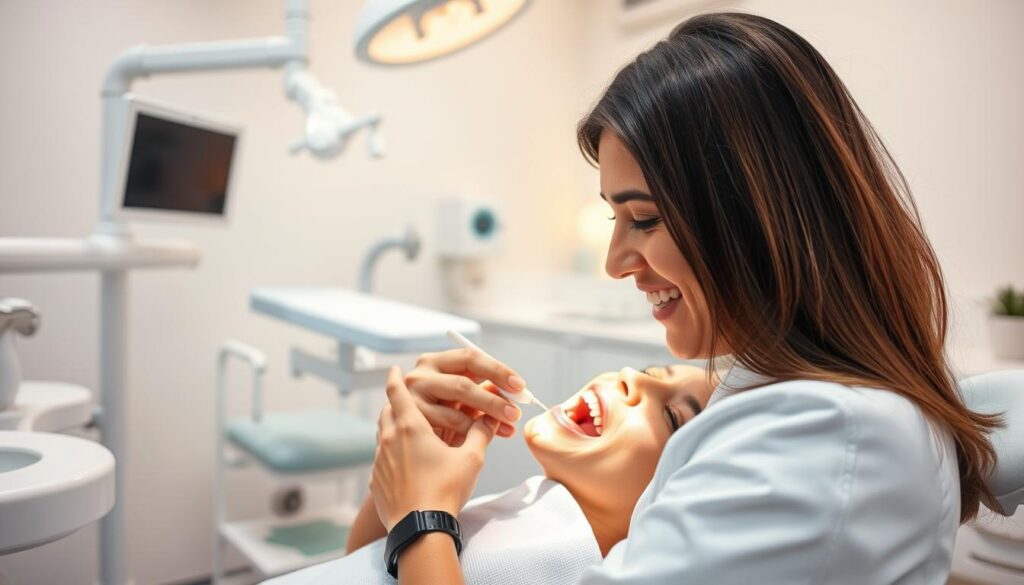 A warm, inviting dental clinic, with a caring dentist attentively examining a patient's teeth. The patient reclines comfortably in the chair, while the dentist leans in, their face exuding a calming and professional demeanor. Soft lighting illuminates the scene, creating a soothing atmosphere. In the background, modern dental equipment and pristine white surfaces convey a sense of hygiene and technological expertise. The overall impression is one of trust, care, and a positive patient-provider relationship, reflecting the "Atendimento ao Paciente e Relacionamento" focus of the article.
