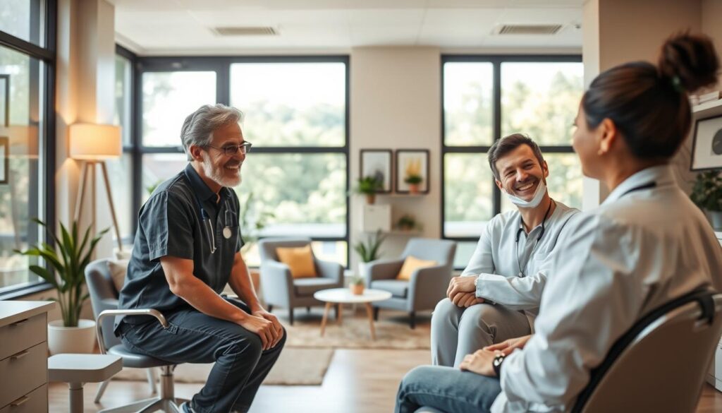 A warm, inviting dental office with a focus on patient-centric care. The foreground depicts a dentist and patient engaged in a friendly, empathetic conversation, their body language conveying trust and understanding. The middle ground showcases a cozy, modern waiting area with comfortable seating and calming decor, creating a relaxing atmosphere. The background features large windows allowing natural light to flood the space, evoking a sense of openness and transparency. The overall scene radiates a soothing, compassionate ambiance that reflects the core values of "Atendimento Humanizado" - a holistic approach to dental care that prioritizes the patient's wellbeing and creates a memorable, positive experience.