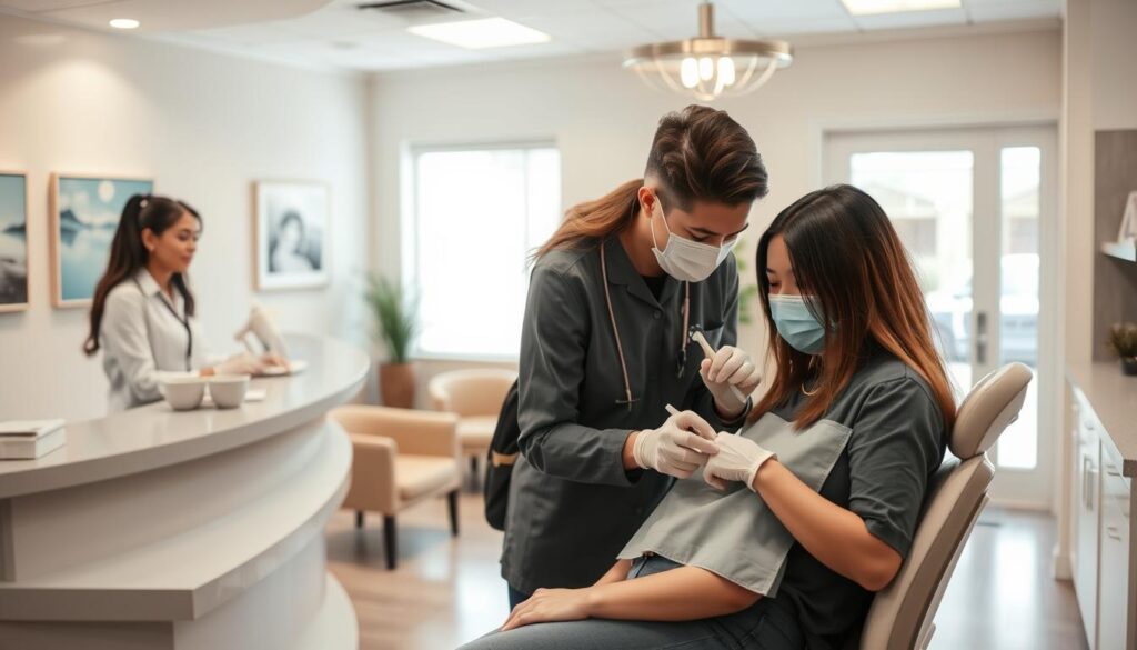 A warm, inviting dental office with a friendly, attentive receptionist greeting patients at the front desk. In the background, a modern, well-lit waiting area with comfortable chairs and soothing artwork on the walls. In the middle ground, a dental hygienist guiding a patient through a gentle, thorough cleaning, their interactions demonstrating care and empathy. Soft, natural lighting filters in through large windows, creating a calming atmosphere. The overall scene conveys a sense of professionalism, attention to detail, and a patient-centric approach to dental care.
