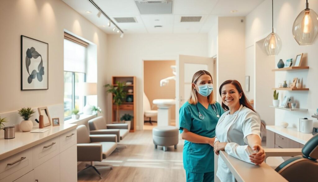 A warm, inviting dental office with a modern, minimalist interior design. In the foreground, a friendly dental assistant greets a patient at the reception desk, their expressions conveying a sense of care and professionalism. The middle ground features a cozy waiting area with comfortable seating and calming decor, creating a relaxing atmosphere. In the background, a treatment room is visible through an open doorway, showcasing state-of-the-art equipment and a soothing, spa-like ambiance. Soft, natural lighting filters through large windows, enhancing the overall sense of tranquility and well-being. The scene embodies a patient-centric approach, where the focus is on providing an exceptional customer experience.