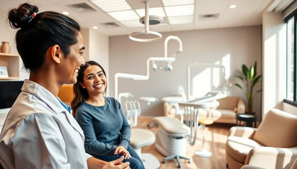 A warm, inviting dental office with a modern, personalized touch. The foreground features a friendly dentist engaging with a patient, their body language conveying empathy and trust. The middle ground showcases dental equipment and tools, but they are seamlessly integrated into the design, appearing sleek and approachable. In the background, a cozy, calming waiting area with plush seating, natural lighting, and subtle branding elements that reinforce the practice's commitment to patient-centric care. The overall atmosphere exudes professionalism, accessibility, and a genuine human connection, reflecting the "humanização" of the dental brand.