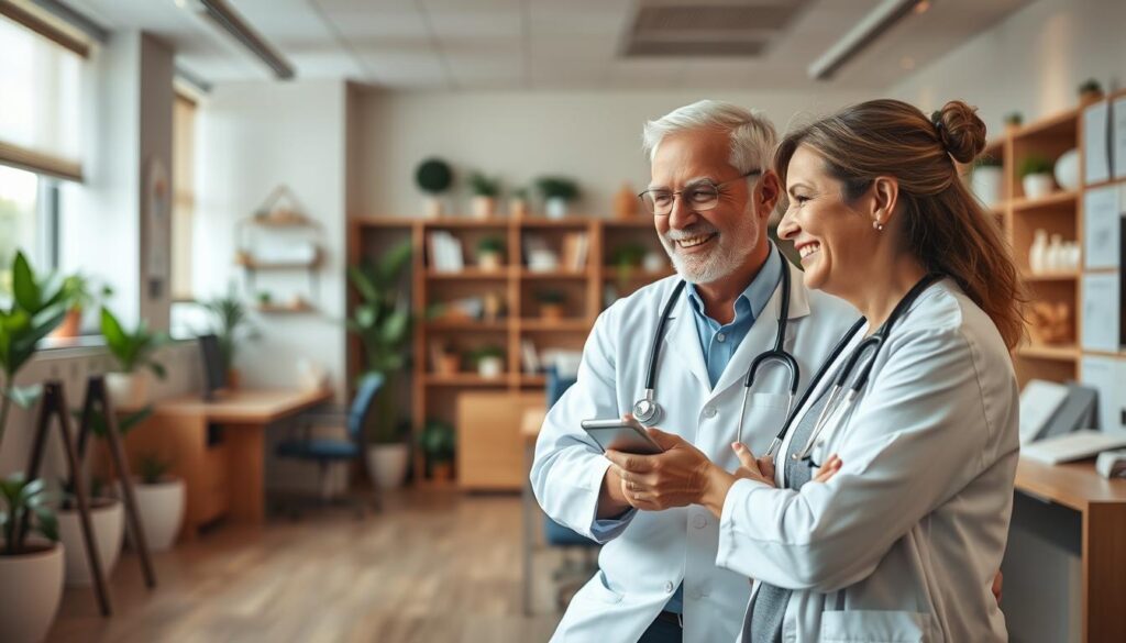 A warm, inviting medical office with modern, personalized decor. In the foreground, a doctor and patient engage in a friendly discussion, their expressions conveying a sense of trust and understanding. The middle ground features a variety of wellness-focused resources, tailored to the individual's needs. The background showcases a blend of natural and technological elements, creating a harmonious, patient-centric atmosphere. Soft, diffused lighting sets the mood, while a subtle, pastel color palette evokes a sense of calm and care. The overall scene reflects the concept of personalized healthcare, where the patient's unique requirements and preferences are at the heart of the experience.