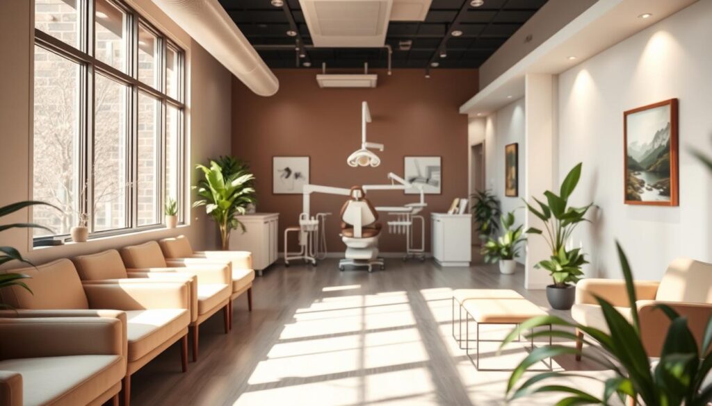 A warm, welcoming dental clinic interior with a focus on patient experience. In the foreground, a comfortable, modern reception area with plush seating and natural lighting streaming through large windows. In the middle ground, a well-equipped treatment room with state-of-the-art dental equipment and soothing, calming decor. In the background, a serene, tranquil waiting area with plants, artwork, and soft, indirect lighting, conveying a sense of care and professionalism. The overall mood is one of quality, attention to detail, and a patient-centric approach to dental care.