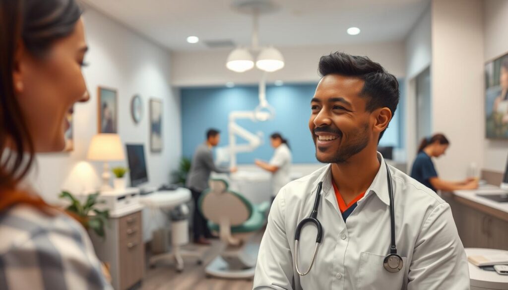 A warm, welcoming dental office interior with a calm, professional atmosphere. In the foreground, a friendly dentist interacts with a patient, their expressions conveying attentive care and understanding. The middle ground features a modern, well-equipped treatment area, with state-of-the-art dental equipment and soothing decor. In the background, a reception area showcases a helpful staff member assisting another patient, emphasizing the clinic's dedication to patient comfort and satisfaction. Soft, indirect lighting creates a serene ambiance, and the overall scene radiates an atmosphere of trust, empathy, and a commitment to building lasting patient relationships.
