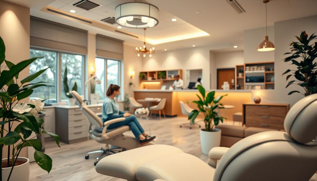 A warm, welcoming dental office with a modern, spa-like atmosphere. In the foreground, a patient sitting comfortably in a plush chair, receiving attentive care from a gentle, compassionate dentist. The middle ground features tasteful decor, soothing lighting, and calming music, creating a tranquil environment that puts the patient at ease. The background showcases a reception area with friendly staff, leafy plants, and inviting seating, all designed to enhance the overall patient experience. Soft, diffused lighting casts a comforting glow, while large windows allow natural light to filter in, instilling a sense of openness and relaxation. The scene evokes a serene, nurturing setting where the patient's comfort and well-being are the top priorities.