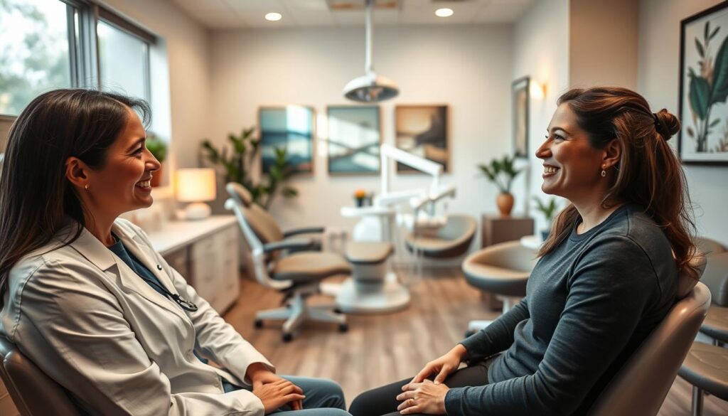 A warm, welcoming dental office with a reassuring atmosphere. In the foreground, a compassionate dentist listens intently to a patient, their body language conveying empathy and care. The patient's expression is one of trust and comfort. The middle ground features modern, well-equipped dental chairs and instrumentation, suggesting high-quality, attentive medical treatment. The background showcases a soothing, spa-like environment with natural lighting, calming artwork, and ergonomic furnishings, all designed to put the patient at ease. The overall scene radiates professionalism, patient-centric service, and a genuine dedication to dental health and wellness.