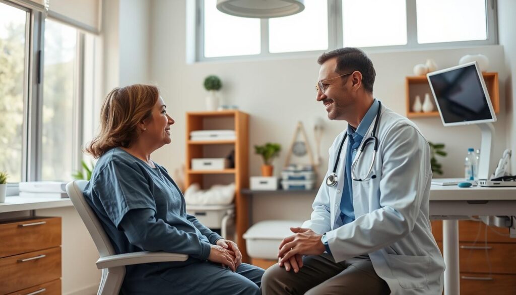 A warm, welcoming doctor's office with an attentive medical professional providing personalized care to a patient. The room is well-lit with natural sunlight filtering through large windows, creating a calming atmosphere. The doctor leans in, making eye contact and listening intently as the patient explains their concerns. Medical equipment and supplies are neatly organized, conveying a sense of professionalism and efficiency. The patient's expression is one of trust and comfort, reflecting the high-quality service they are receiving. The overall scene captures the essence of "melhoria no atendimento ao paciente", showcasing an improved patient experience through compassionate, patient-centered care.