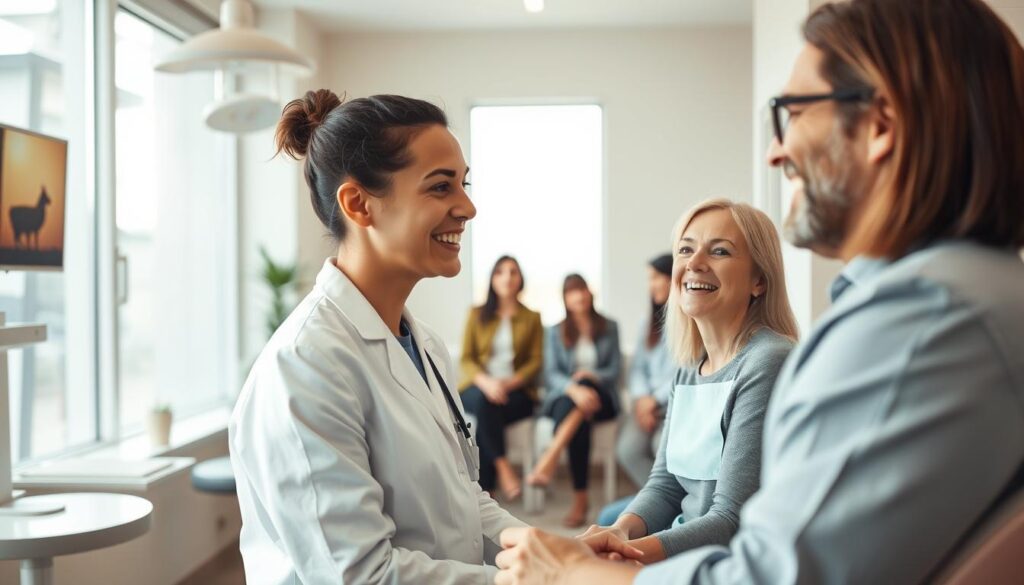 A warm, well-lit dental office setting, with a welcoming and calming atmosphere. In the foreground, a dentist and patient engaged in a friendly, attentive conversation, their body language conveying trust and understanding. The patient's expression is relaxed, indicating a positive and comfortable interaction. In the middle ground, other patients waiting patiently, observing the care and attention being given. The background showcases the clean, modern design of the office, with subtle, soothing colors and natural lighting filtering in through large windows. The overall scene reflects the importance of building strong, personalized relationships between healthcare providers and their patients.