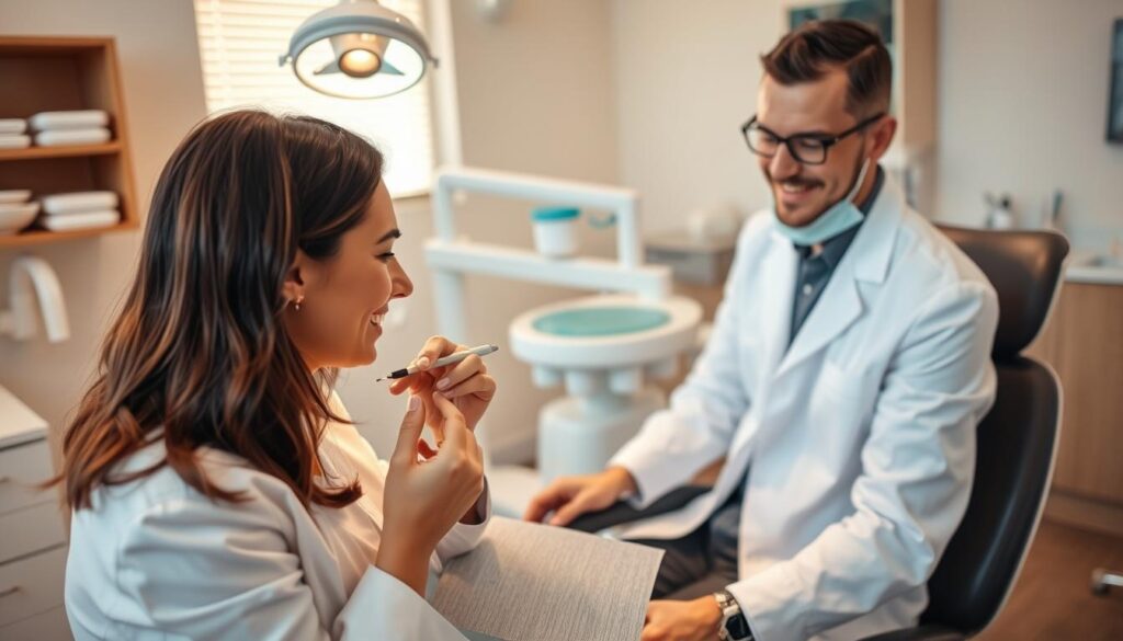 A warm, well-lit dental office setting. A dentist in a white coat carefully examining a patient's teeth, their expression conveying empathy and professionalism. The patient sits comfortably in a reclining chair, their face reflecting a sense of trust and ease. In the background, modern dental equipment and supplies suggest a high-quality, well-managed practice dedicated to patient care and satisfaction. The scene emanates a sense of tranquility and attentive, personalized service.