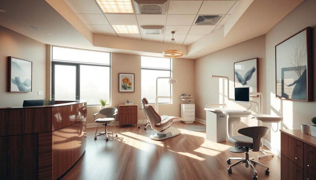 A welcoming dental office, bathed in warm, natural light streaming through large windows. The reception area features a sleek, modern design with a wooden reception desk and comfortable seating. In the treatment rooms, state-of-the-art dental equipment and ergonomic chairs create an atmosphere of professionalism and care. The walls are adorned with soothing artwork, reflecting a balance of tradition and innovation. The overall ambiance exudes a sense of trust, cleanliness, and patient-centered attention, creating a relaxing environment for visitors.
