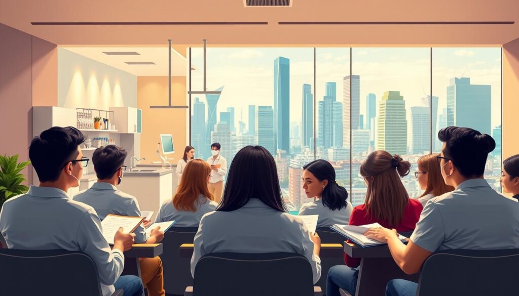 A well-composed illustration depicting the concept of "Curso Gestão Odontologia". In the foreground, a group of diverse students attentively taking notes during an engaging lecture on dental practice management. The middle ground showcases a modern, state-of-the-art dental clinic, with high-tech equipment and a team of professionals collaborating. In the background, a vibrant cityscape with skyscrapers and bustling streets, symbolizing the professional opportunities in the field of dental management. The scene is illuminated by warm, natural lighting, creating a welcoming and aspirational atmosphere. The overall composition conveys the idea of a comprehensive, practical educational program that prepares students for success in the dynamic world of dental practice management.