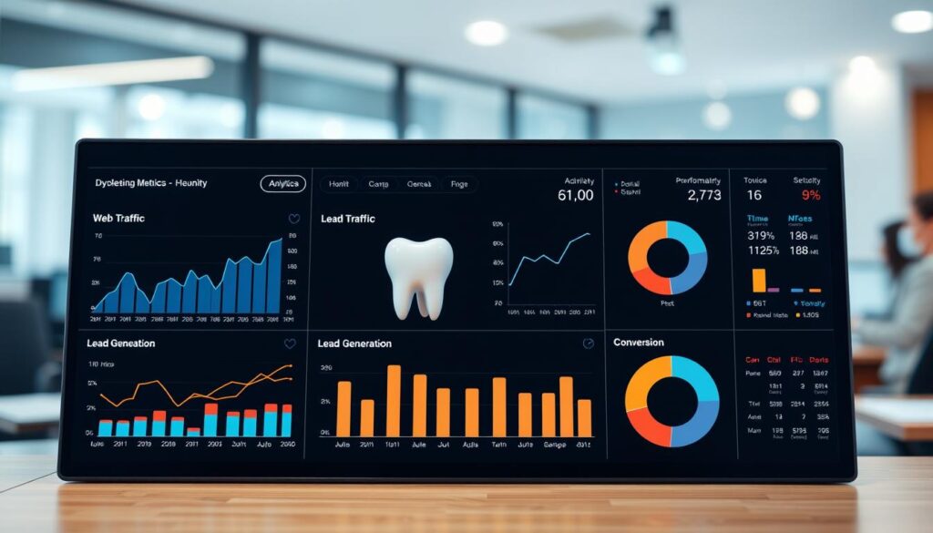 A well-designed analytics dashboard displaying key performance metrics for a dental marketing campaign. The foreground features a sleek, minimalist interface with vivid data visualizations - line graphs, bar charts, and pie charts - presenting web traffic, lead generation, and conversion rate statistics. The middle ground showcases a 3D model of a tooth, symbolizing the dental industry focus. The background depicts a softly blurred office environment, conveying a professional, corporate atmosphere. The lighting is soft and even, creating a clean, modern aesthetic. The overall mood is one of analytical rigor and data-driven decision making.