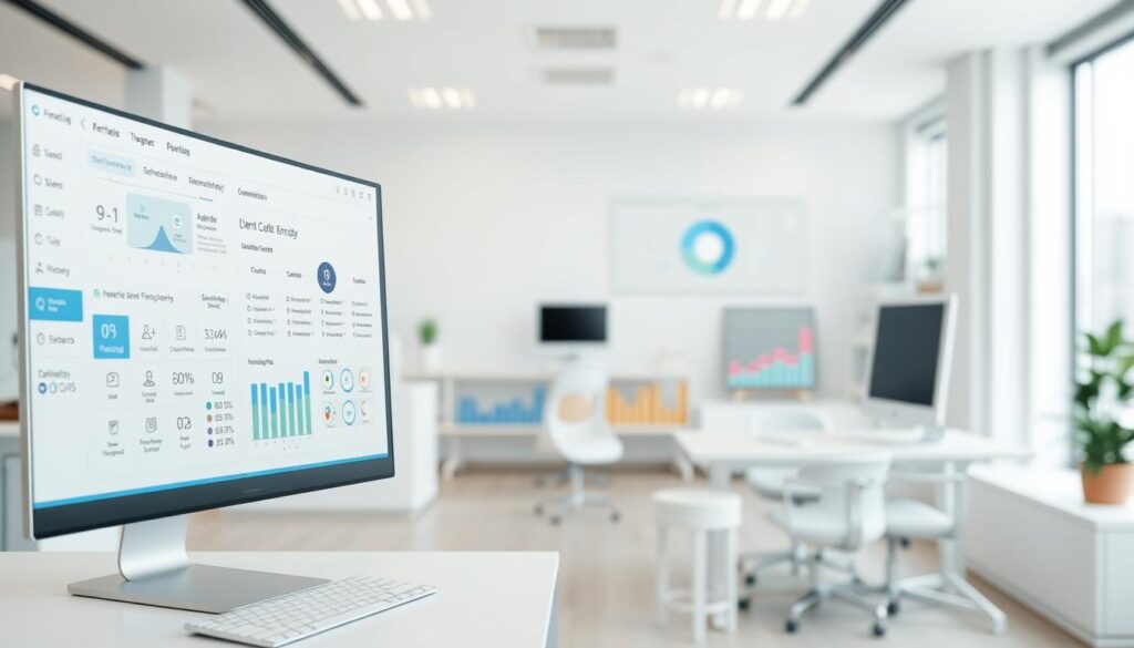 A well-designed dental management software interface showcasing its key functionalities. Sleek and modern UI elements in the foreground, such as patient management tools, scheduling options, and dental charting features. In the middle ground, visualization of clinical data and analytics, with charts and graphs displaying key performance metrics. The background depicts a minimalist, light-filled office setting, with a focus on organized, efficient workflows. The overall mood is professional, productive, and tailored to the needs of a dental practice. Rendered in a high-quality, photorealistic style with subtle depth-of-field and natural lighting.