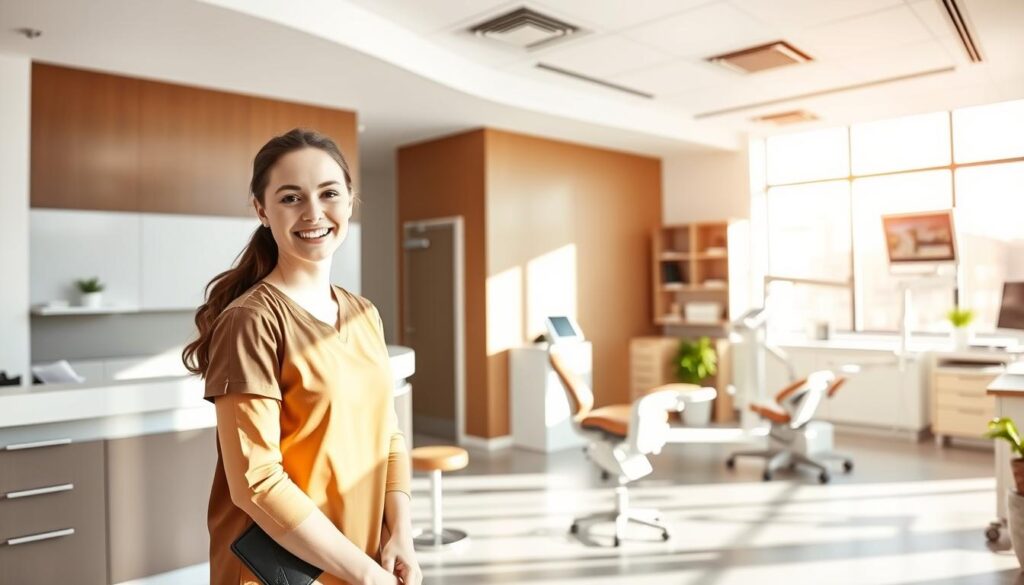 A well-designed dental office with a vibrant, modern interior. The reception area has a sleek, minimalist design with clean lines and a neutral color palette. Sunlight streams in through large windows, creating a warm, inviting atmosphere. In the foreground, a smiling dental hygienist greets patients, showcasing the attentive, personalized care provided. In the middle ground, a dental assistant operates state-of-the-art equipment, highlighting the advanced technology used to deliver high-quality treatments. The background features a neatly organized office space, with efficient workflows and systems in place, reflecting the benefits of effective dental practice management.