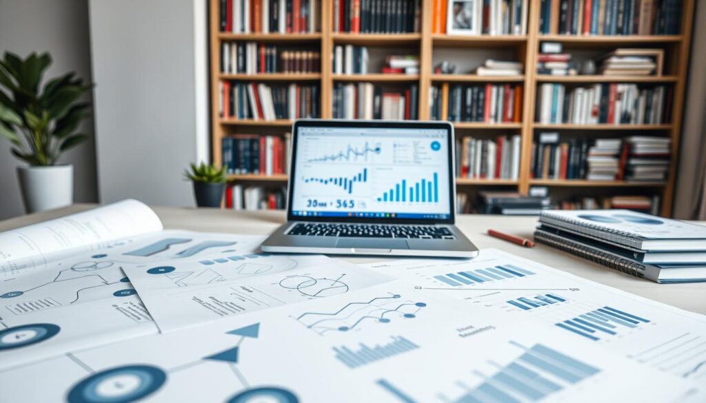 A well-designed marketing plan with a clean, professional layout. The foreground features a series of interconnected flowcharts, Gantt charts, and revenue projections, all rendered in muted tones of blue, gray, and navy. The middle ground showcases a laptop displaying analytics dashboards and KPI tracking. In the background, a bookshelf filled with marketing textbooks and strategy guides creates a sense of expertise and authority. Soft, directional lighting casts a warm glow across the scene, evoking a mood of competence and thoughtful planning. The overall composition conveys a comprehensive, effective marketing strategy for a dental practice.