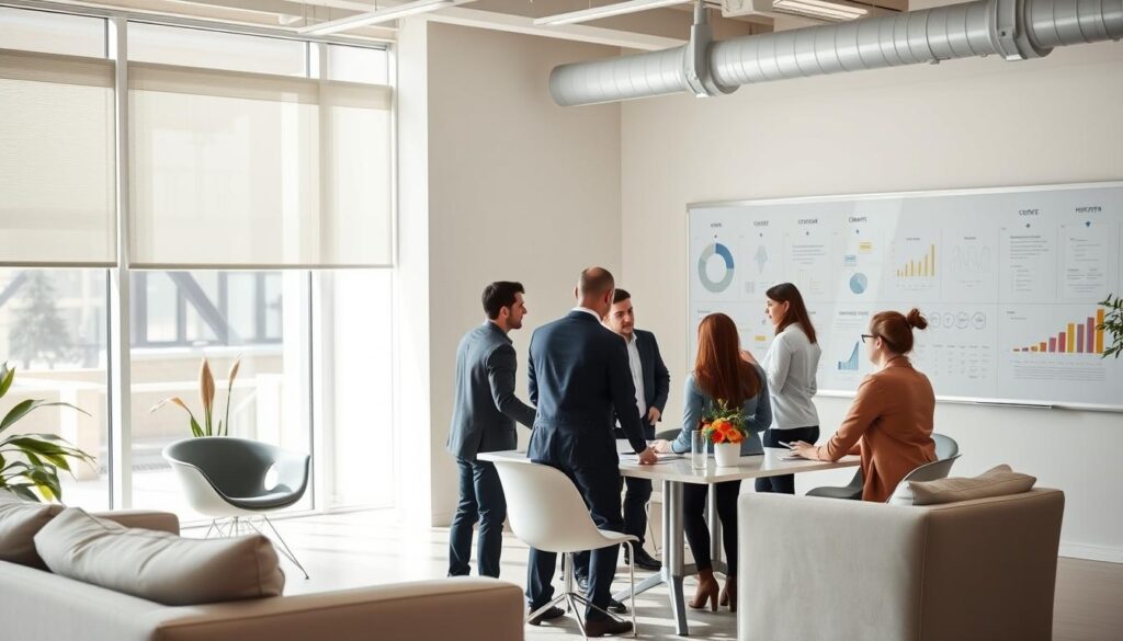 A well-designed, modern office space with sleek furniture and a minimalist aesthetic. In the foreground, a team of professionals gathered around a table, engaged in a collaborative discussion about quality control processes and continuous improvement strategies. The room is illuminated by natural light streaming in through large windows, creating a bright and airy atmosphere. In the background, a large whiteboard displays diagrams, charts, and key performance indicators, reflecting the data-driven nature of their work. The mood is one of focus, professionalism, and a shared commitment to enhancing the quality of their products or services.