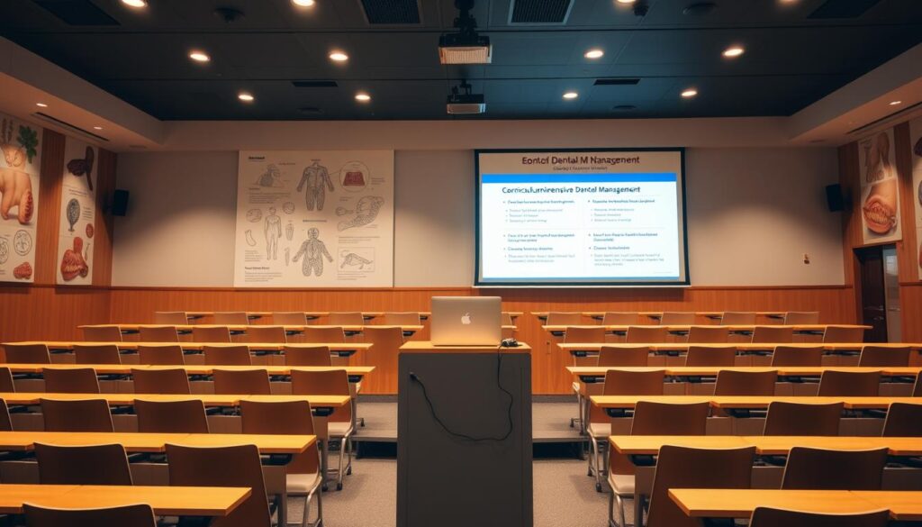 A well-lit and modern lecture hall, with rows of desks and chairs arranged in a tiered fashion. The walls are adorned with anatomical diagrams and illustrations related to dentistry. In the center, a podium stands, equipped with a laptop, microphone, and projector screen displaying a curriculum outline for a comprehensive Dental Management course. The lighting is warm and inviting, creating a professional and educational atmosphere. The scene conveys a sense of structure, organization, and a commitment to providing a thorough and specialized education in the field of dental management.