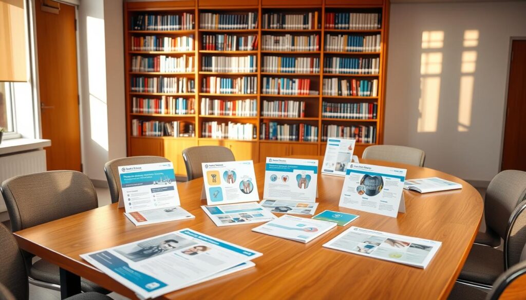 A well-lit classroom setting with various educational modules and materials arranged on a wooden table. The modules are neatly organized, showcasing different topics and concepts related to dental management. The lighting is warm and natural, creating a welcoming and informative atmosphere. The table is surrounded by comfortable chairs, suggesting an interactive learning environment. In the background, a bookshelf filled with relevant textbooks and resources adds depth and a sense of academic rigor. The overall scene conveys a professional and engaging educational experience.