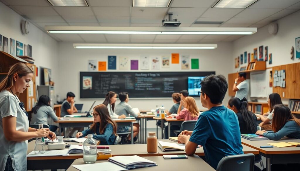 A well-lit classroom with diverse teaching methods showcased. In the foreground, a teacher guiding students through hands-on experiments and practical demonstrations. In the middle ground, groups of students engaged in lively discussions and collaborative projects. In the background, a variety of educational resources, from textbooks to digital screens, highlighting the multimodal approach to learning. The scene exudes an atmosphere of active engagement, intellectual curiosity, and a holistic learning environment.