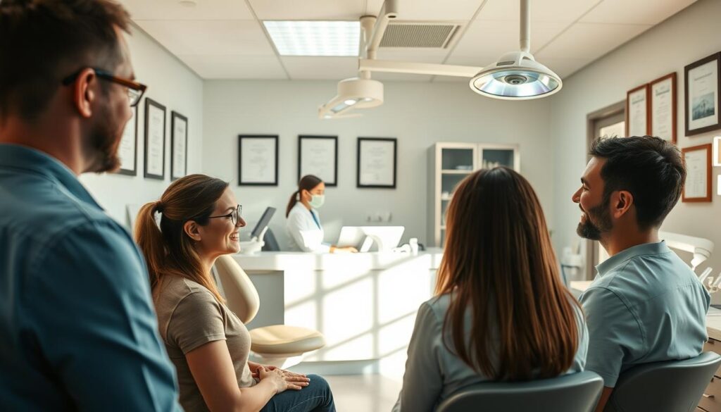 A well-lit dental office, with patients in the foreground conversing with a friendly dentist. In the middle ground, a receptionist at the front desk, and on the walls, framed diplomas and certificates showcasing the clinic's expertise. The background features modern dental equipment and a soothing color palette, creating an atmosphere of professionalism and comfort. Warm lighting, soft shadows, and a clean, inviting ambiance convey the benefits of dental marketing and the importance of presenting a welcoming, trustworthy practice.