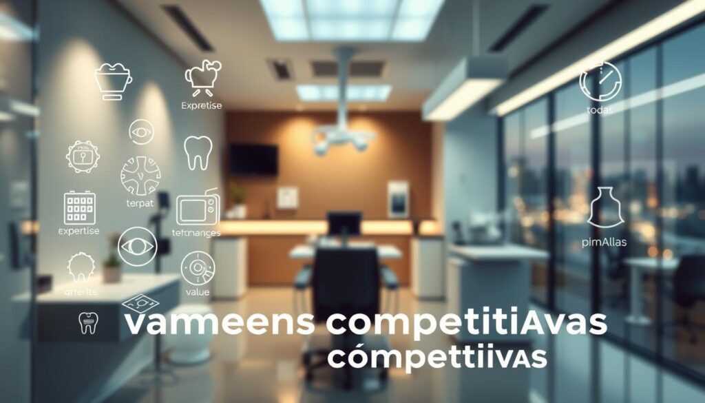 A well-lit, high-contrast visual representation of "vantagens competitivas" (competitive advantages) for a dental clinic marketing strategy. In the foreground, an array of icons or symbols depicting key competitive advantages such as expertise, technology, customer service, and value. In the middle ground, a professional-looking dental clinic interior with modern equipment and a welcoming atmosphere. In the background, a blurred cityscape or landscape suggesting the broader business environment. Utilize a cinematic, slightly futuristic aesthetic with dramatic lighting and depth of field to convey a sense of professionalism, innovation, and strategic advantage.