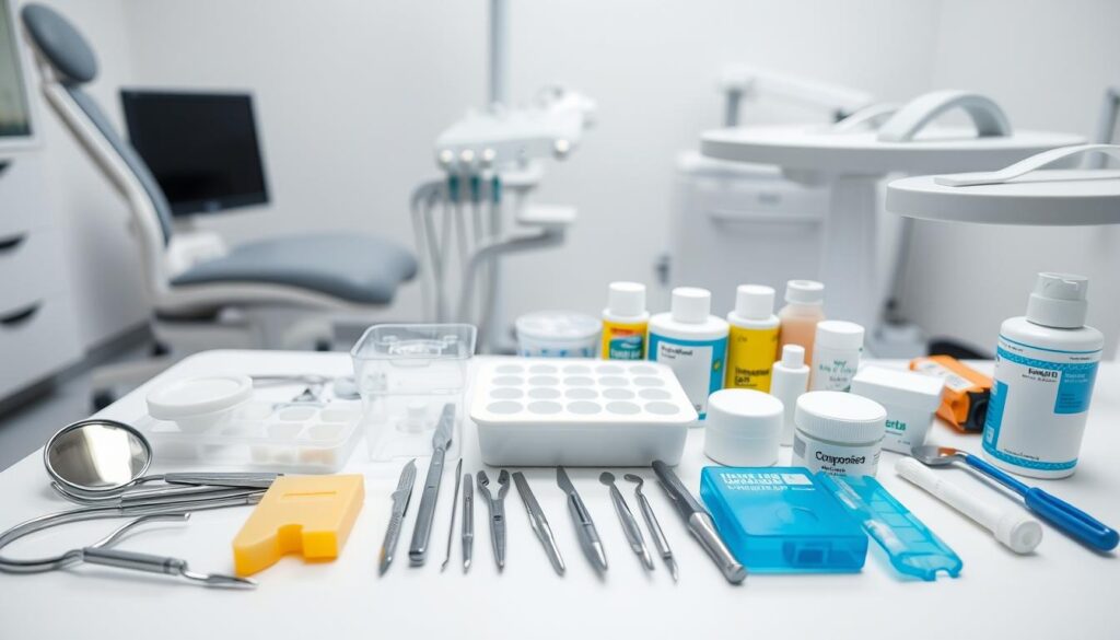 A well-lit, high-quality photograph of a collection of essential dental office tools and equipment, including a dental chair, dental instruments such as mirrors, probes, and forceps, as well as dental materials like impression trays, etching gels, and composite resins, all neatly arranged on a clean, white surface with a soft, diffused lighting setup. The image should convey a sense of professionalism, attention to detail, and the importance of having the right tools for effective dental marketing and patient care.