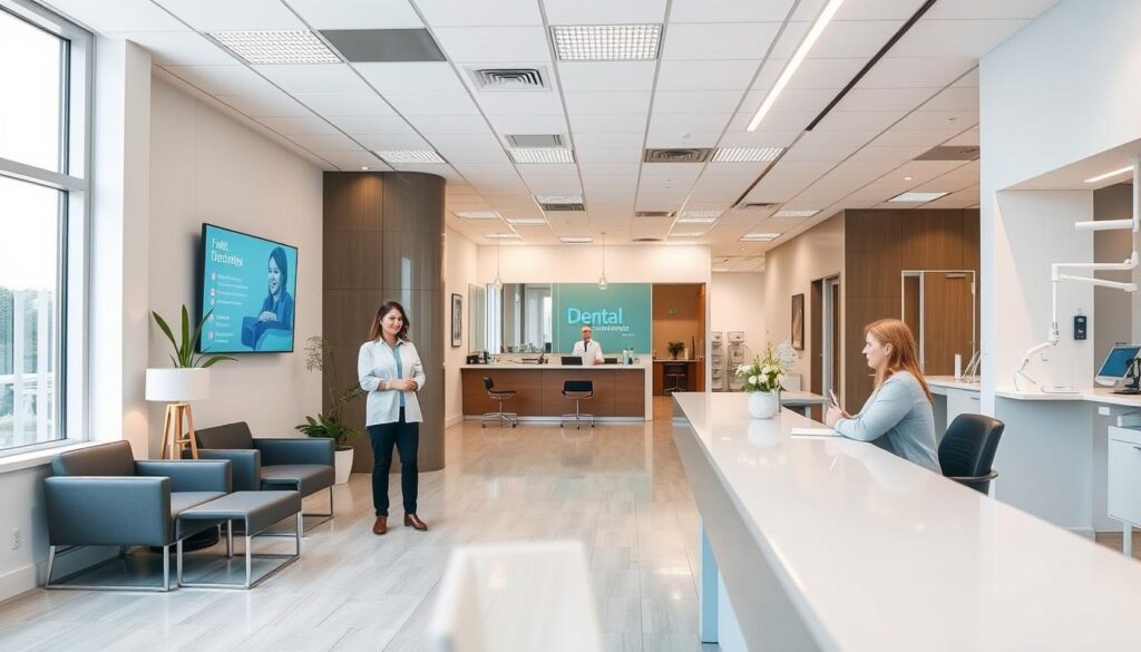 A well-lit, high-resolution image of a modern dental clinic reception area, showcasing the benefits of effective management for patient experience. The foreground features a welcoming, smiling receptionist assisting a patient at the front desk. The middle ground displays comfortable seating, stylish decor, and digital signage displaying helpful information. The background reveals an open, airy layout with large windows, natural lighting, and clinical equipment in the distance, suggesting efficient workflow and patient-centric design. The overall atmosphere conveys a sense of professionalism, organization, and a patient-first approach to healthcare management.