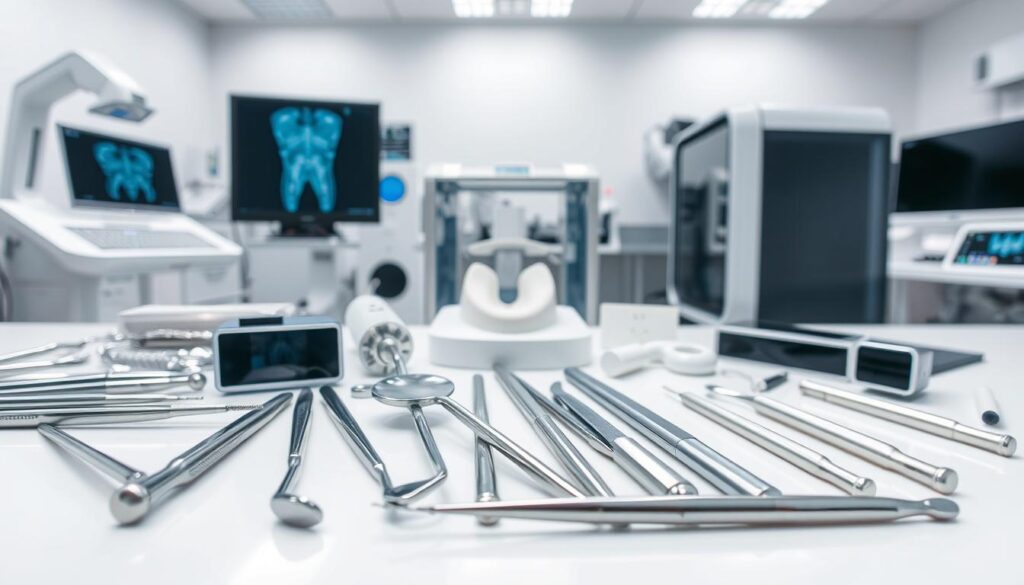 A well-lit, high-resolution image of an assortment of modern dental tools and technologies arranged on a clean, white surface. In the foreground, gleaming stainless steel instruments like dental mirrors, probes, and forceps are neatly displayed. In the middle ground, a digital X-ray machine, intraoral camera, and other advanced diagnostic devices are shown. The background features a 3D printer, computer workstation, and other cutting-edge dental lab equipment, all illuminated by soft, diffused lighting to create a professional, clinical atmosphere.